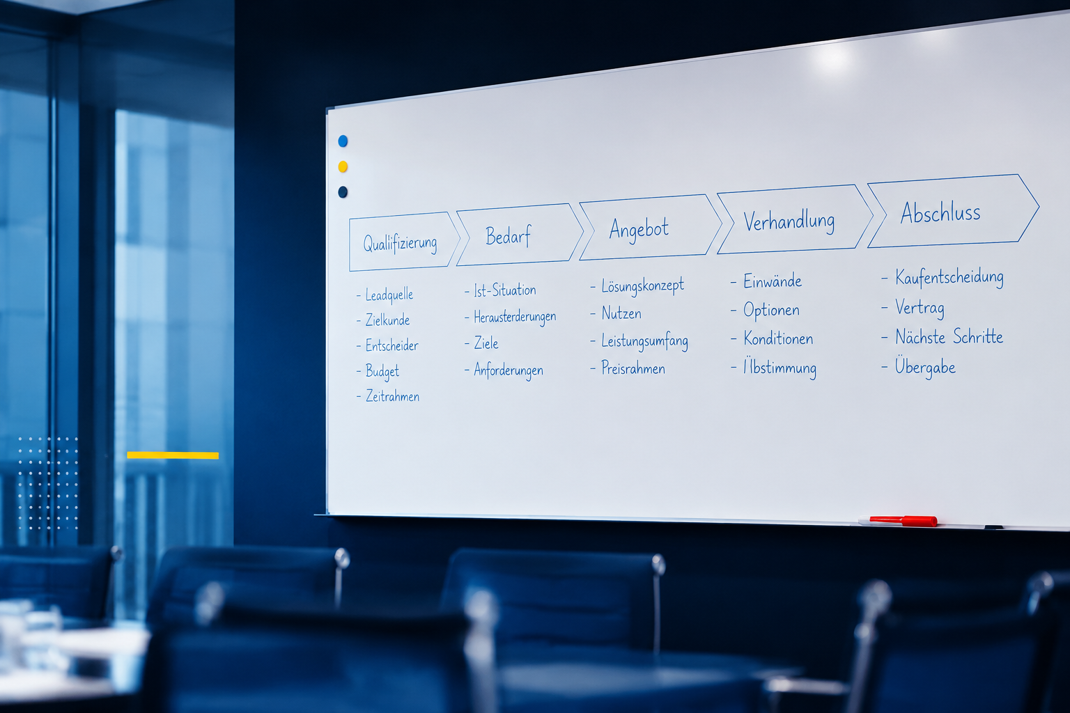 Whiteboard mit handgeschriebenen Pipeline-Stadien im Schulungsraum